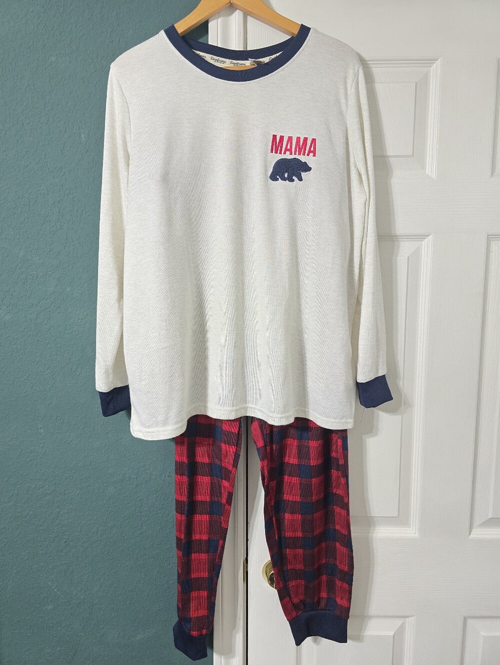 Dearfoams Mama Bear Womens Pajama Set XL Red Blue Buffalo Plaid Matching Family - Picture 2 of 10